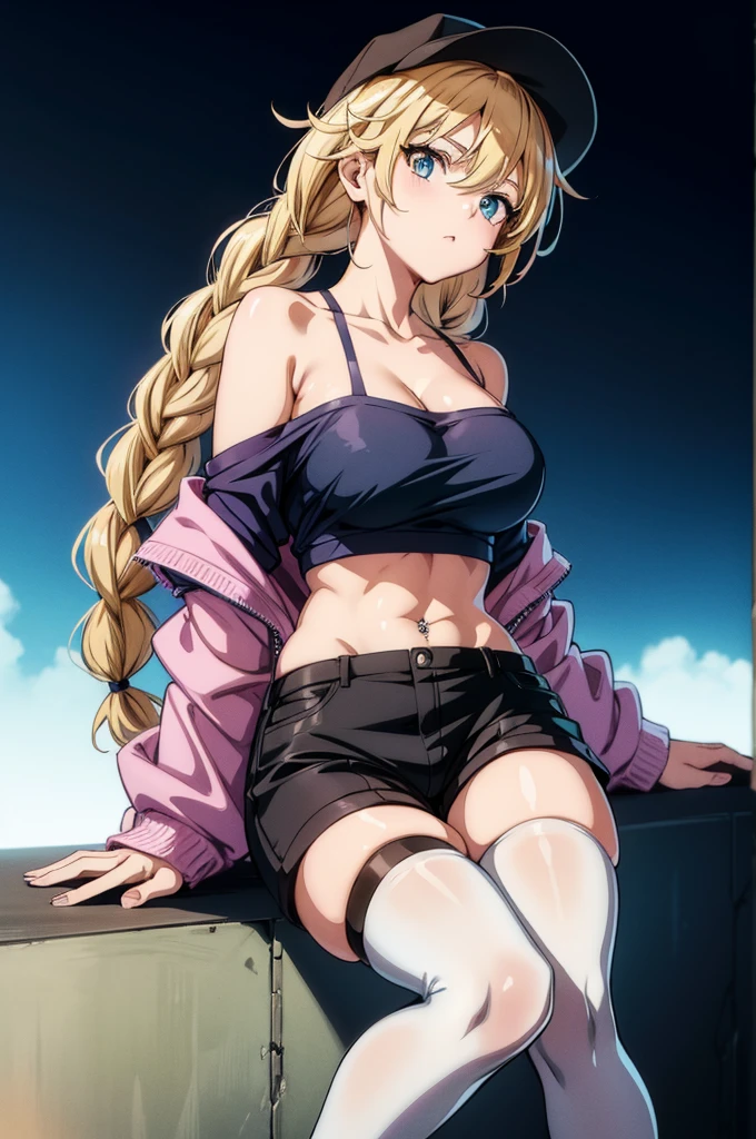 a female anime character with a big butt sitting on a ledge with legs crossed, 1girl, solo, breasts, blue eyes, blonde hair, twin braids, shorts, hat, navel, jacket, off shoulder, looking at viewer, thighhighs, sitting, braid, cleavage, bare shoulders, crop top, midriff, long hair, collarbone, open clothes, thigh strap, baseball cap, open jacket, black shorts, short shorts, single thighhigh, piercing, navel piercing