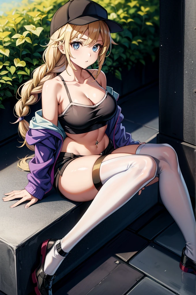 a female anime character with a big butt sitting on a ledge with legs crossed, 1girl, solo, breasts, blue eyes, blonde hair, twin braids, shorts, hat, navel, jacket, off shoulder, looking at viewer, thighhighs, sitting, braid, cleavage, bare shoulders, crop top, midriff, long hair, collarbone, open clothes, thigh strap, baseball cap, open jacket, black shorts, short shorts, single thighhigh, piercing, navel piercing