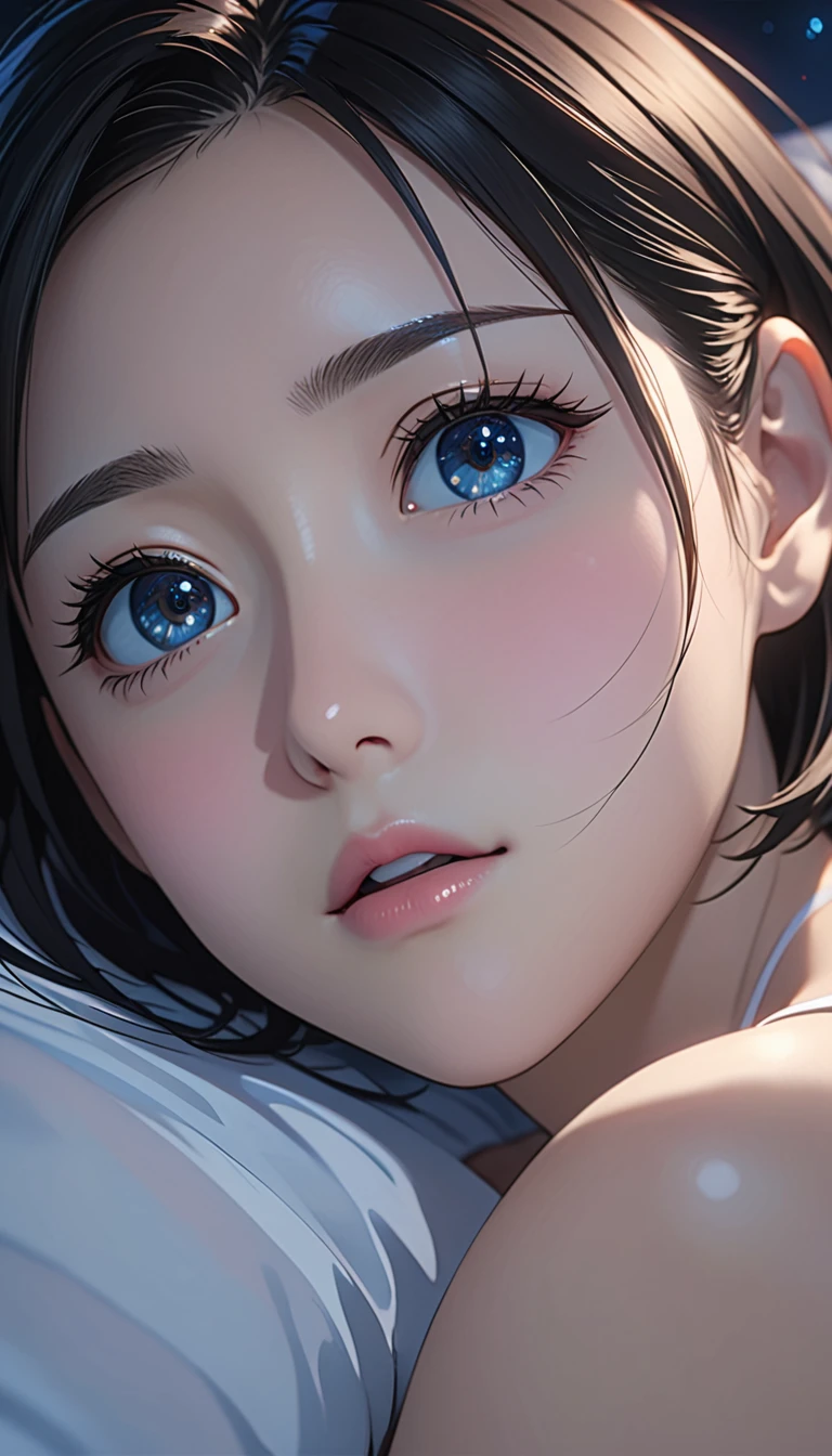 National Science Foundation,masterpiece, High resolution, digit, kyoto animation style, Your name is cinematic style, night, midnight, Light, (1 female: 1.3), (alone: 1.4), long eyelashes, short bob, , lying down,  Lying in bed、dynamic poses，close up，Close up，bare shoulders