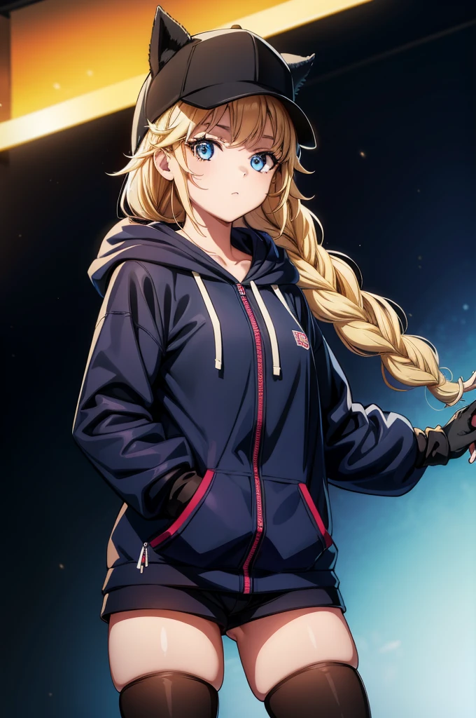 1girl, animal hood, black gloves, hood, hood up, long hair, looking at viewer, solo, standing, thighhighs, long hair, short shorts, ,Eiko Tsukimi, blue eyes, braid, twin braid, blonde hair,baseball cap,