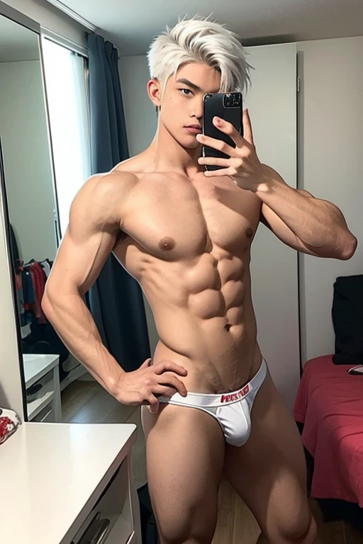 20 year old male bodybuilder anime character wearing red bodybuilder thong with a surfer hairstyle with white hair while taking a photo in a mirror in his room with a suggestive look