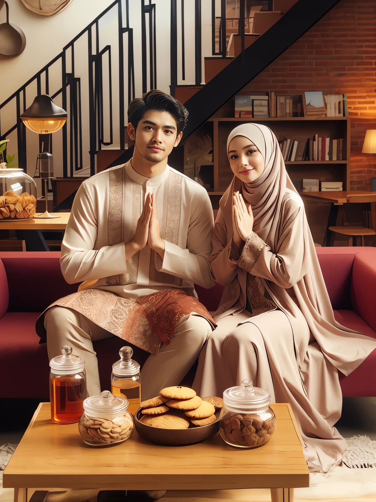 there are two people sitting on a couch with food on the table, lovely couple, couple, happy couple, muslim, portrait shot, couple pose, shutterstock, by Basuki Abdullah, istock, on wooden table, best on adobe stock, shot with canon eoa 6 d mark ii, traditional clothes, romantic couple, mid shot portrait, romance, islamic