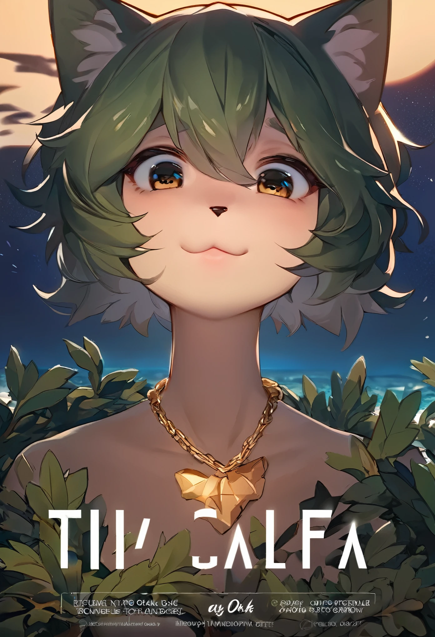 cover page, highres, top quality, best quality, paid reward available, unparalleled masterpiece, perfect artwork, absurdres, High-quality illustrations(1girl, solo, cat girl)seashore, Oak green, Gold Chain on Oak Tom, And during at night,