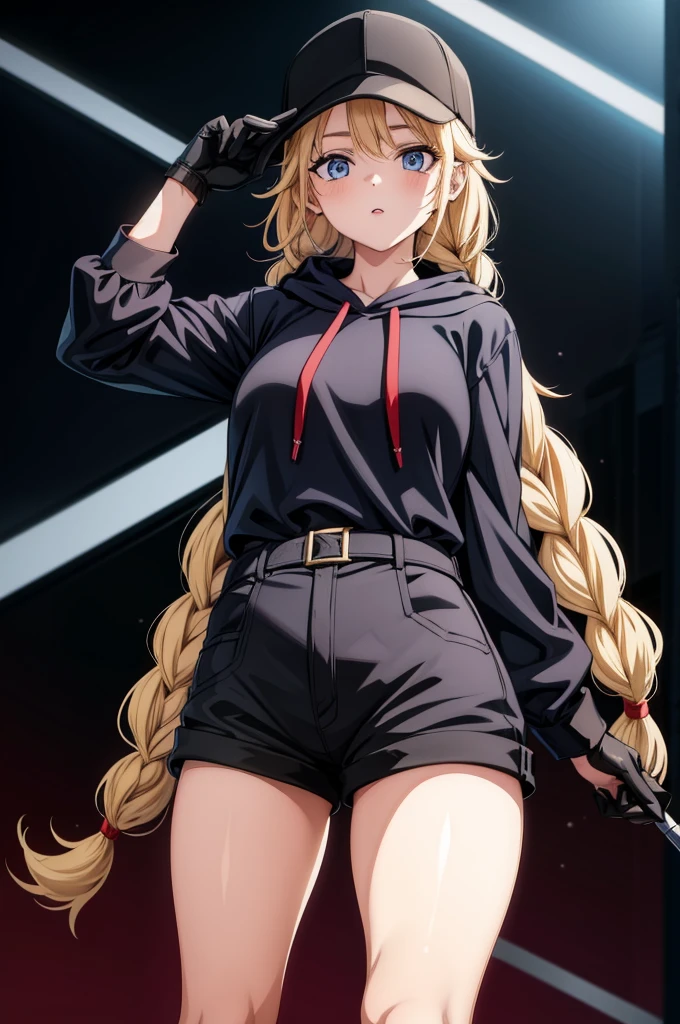a young woman with long blonde hair and red lipstick wearing a black outfit with a cap and white gloves, 1girl, solo, long hair, braid, gloves, blonde hair, blue eyes, hat, shorts, thighhighs, black shorts, black gloves, hood, baseball cap, skindentation, hoodie, black headwear, looking at viewer, short shorts, twin braids