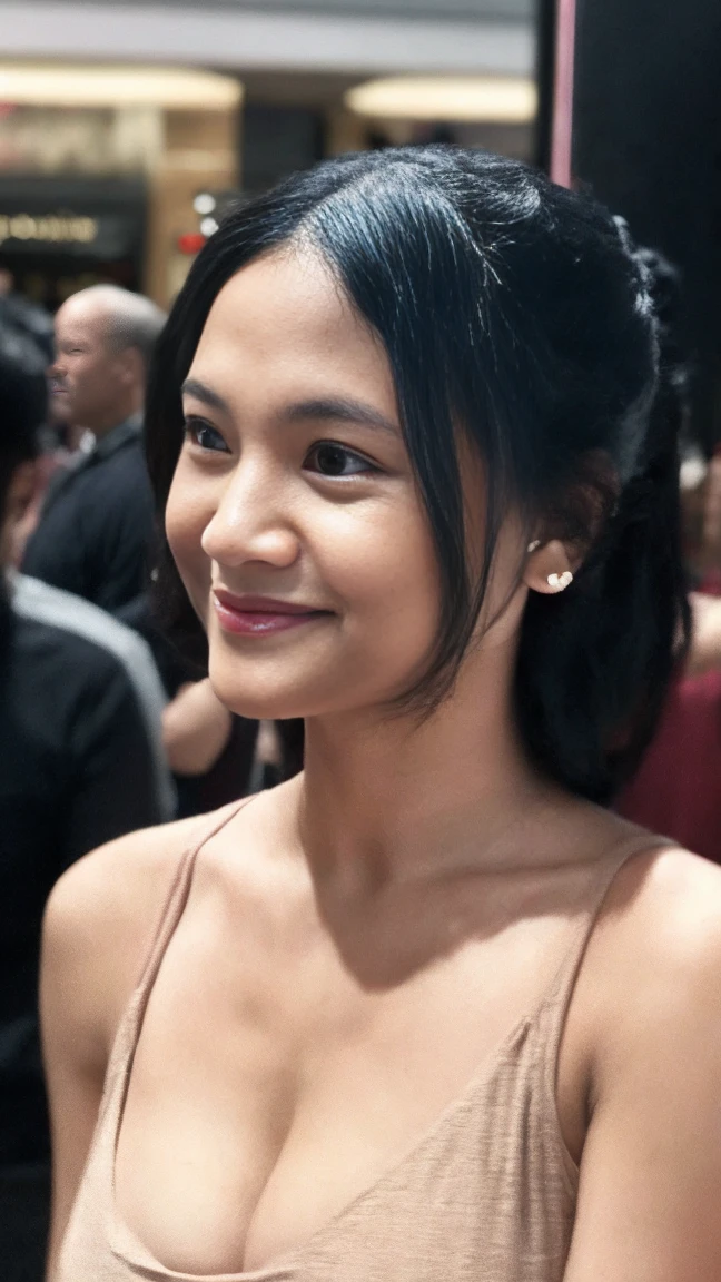 From below, full body shot of a gorgeous Indonesian woman black messy hair, age 18, nice hair style, she's a men magazine model, She has a subtle smile and look at with the camera, (she’s in the mall and crowd of people ), (she’s wears a blouse, cleavage), perfect eyes, perfect hands, perfect body, ((perfect hair)), perfect breast, crossing arms, hair behind ear, UHD, retina, masterpiece, accurate, anatomically correct, textured skin, super detail, high details, high quality, award winning, best quality, highres, 16k, 8k, cinematic lighting