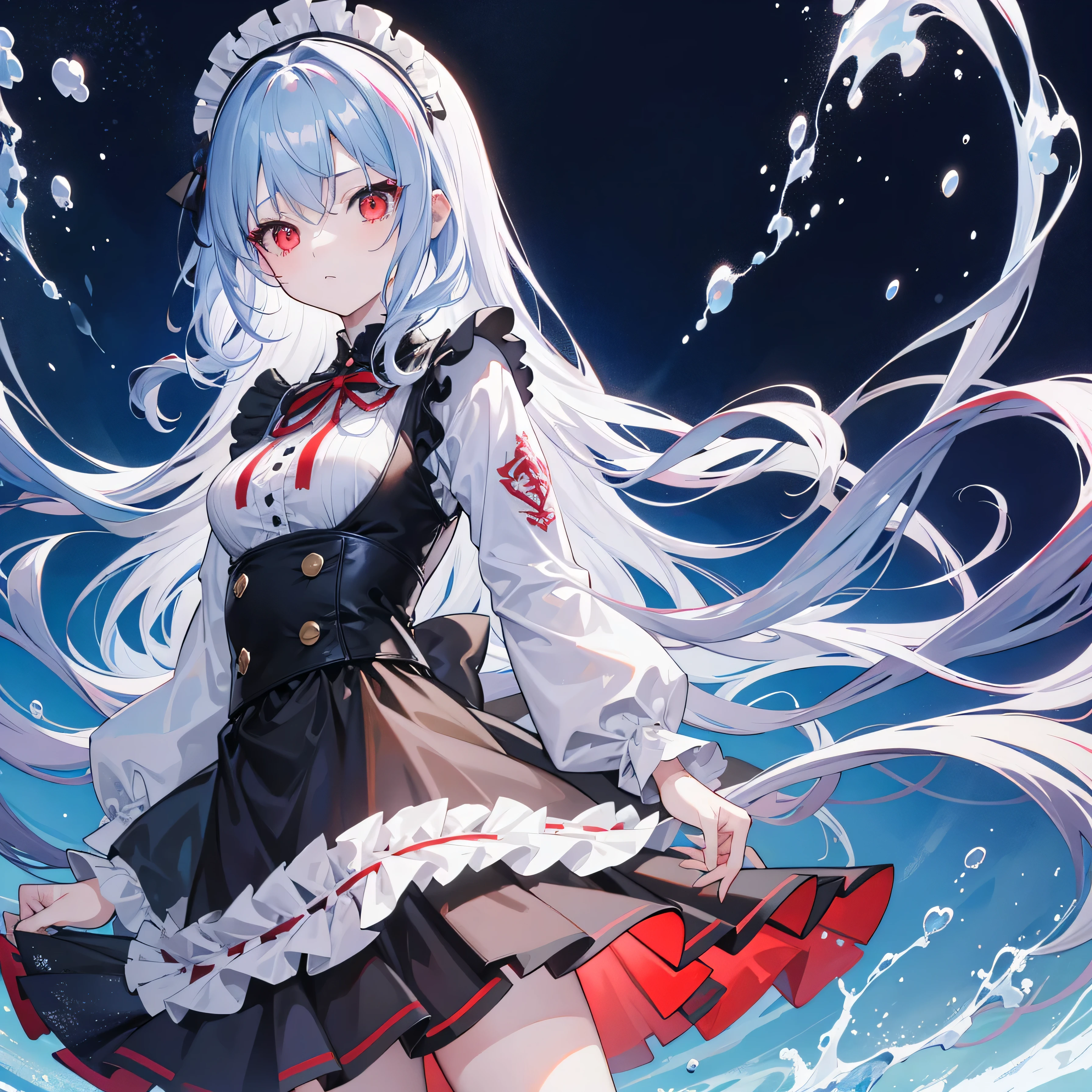 whole body, towards the lens, butt, face to face, lots of details, girl, young, Bright wavy long hair, big amount, colorful hair, beautiful and detailed face, surprised, tsurime, small breasts, red eyes, maid dress, black gauze skirt, Cool clothes, floating water, moody lighting, dyed black, Highly detailed 8K white and blue background