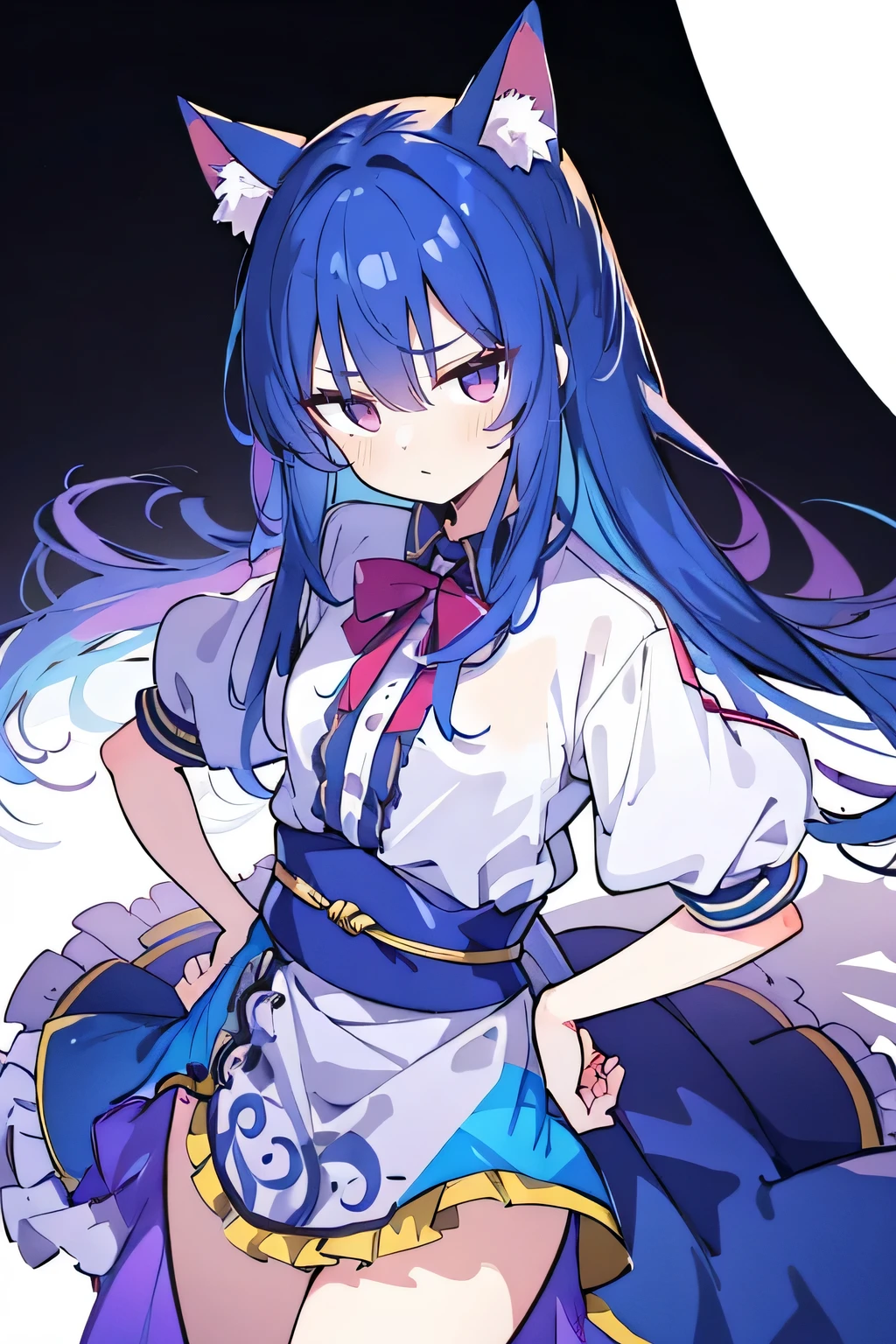 (Masterpiece), best quality, expressive eyes, perfect face, 1girl,
 Put your hands on your waist, fair, gorgeous, Japanese comics, girl, Lola, young angel, blue hair, blue hair, flowing clothes, hug the waist, hug the waist, hands on hips, hands on hips, lay down , lying on the ground, legs on the ground, flat chest, cat ears