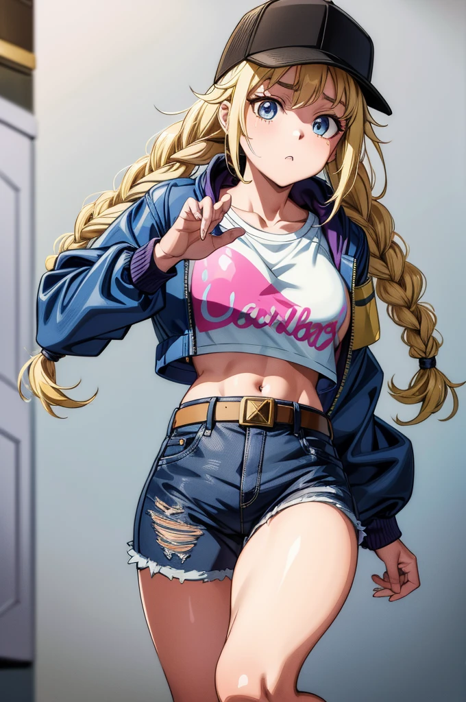 Eiko Tsukimi, rainbow eyes, sparkling eyes, shiny eyes, braid, twin braid, (((blonde hair))), baseball cap, cropped top, never, stomach, , pelvis, denim shorts, ripped denim, ripped jeans, belt, belt buckle, bomber jacket, oversized jacket, sneakers, ((face focus)), eyes focus, posing, (suggestive pose, inviting), GothicC, multicolored hair, cropped jacket, fishnets, fingerless gloves