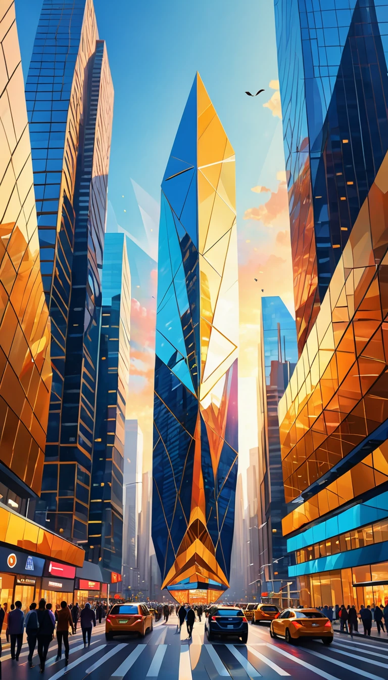 abstract, realistic digital painting, uhd, sharp focus, vibrant colors, bustling streets, busy traffic, people walking and shopping, modern architecture, one huge geometric shape skyscraper reaching the sky,(huge geometric shape:1.5) , vibrant atmosphere, clear blue sky, golden hour lighting, bird's eye view on huge geometric shape skyscraper