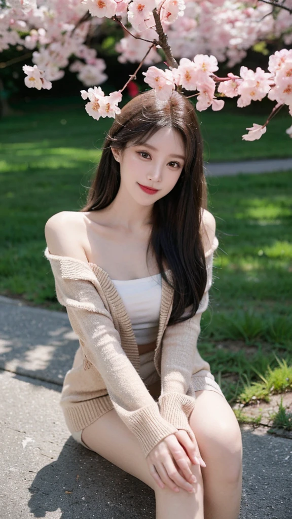 from above,she is looking at viewer,masterpiece,real photos,(solo) Real light and shadow,HDR backlight,Contour light,Shallow depth of field。reddish brown long straight hair,Elegant Chinese beauty, Wearing a strapless cardigan dress,A confident smile,Sitting elegantly on the floor making tea,Surrounded by cherry blossom trees