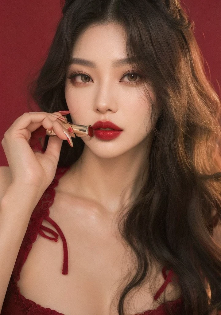 A closeup of a woman with a lipstick in her hand, maquiagem sul-coreana popular, maquiagem coreana popular, deep Red lips, thick Red lips, Red lips, linda mulher sul-coreana, sexy Red lips, jennie blackpink, Yanjun Chengt, Red lipstick, luscious Red lips, jaeyeon nam, Jinyoung Shin, small and thick Red lips, dark Red lips