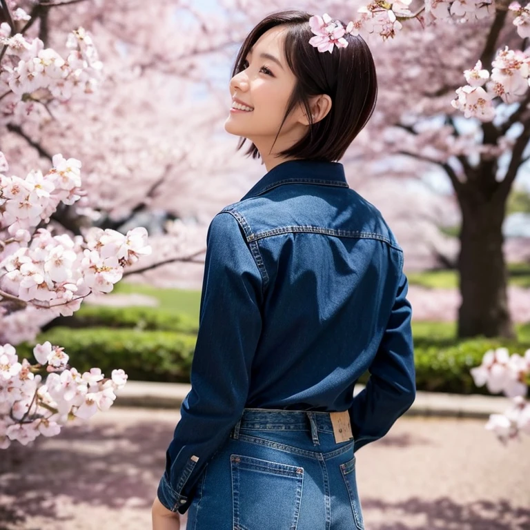 The eyes of a beautiful Japanese woman in her thirties with short hair wearing a dark blue long-sleeved cotton shirt and jeans pants looking up at the cherry blossoms in full bloom in a park at night and smiling. Focal length 100mmf/2.8, spring night, park with no other people, cherry blossoms and lawn in full bloom, profile looking up at the cherry blossoms, well-shaped features, short hair, a natural smile that is different from modeling, toned body, dark blue long sleeves Cotton shirt, jeans pants, close-up of eyes, realistic feeling, 8K image quality, highest quality.