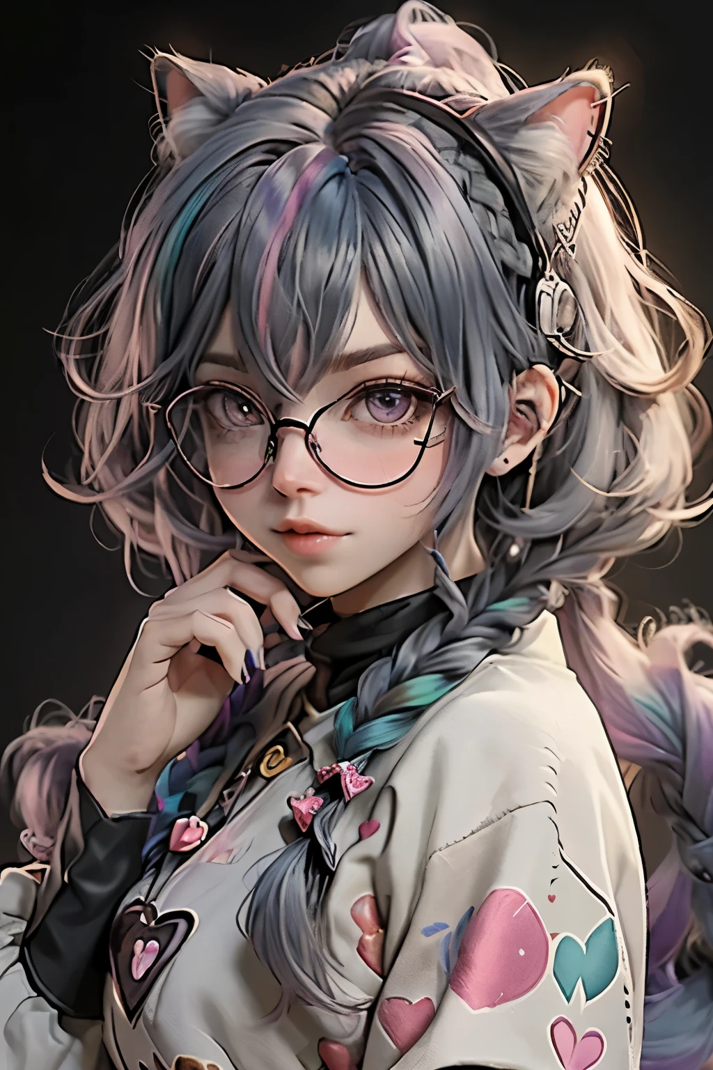 rainbow hair, rabo de cavalo, presilha de cabelo, fita de cabelo, arco de cabelo, cocar de empregada, glasses, toupeira sob o olho, heart-shaped pupils, fones de ouvido de gato, entediado