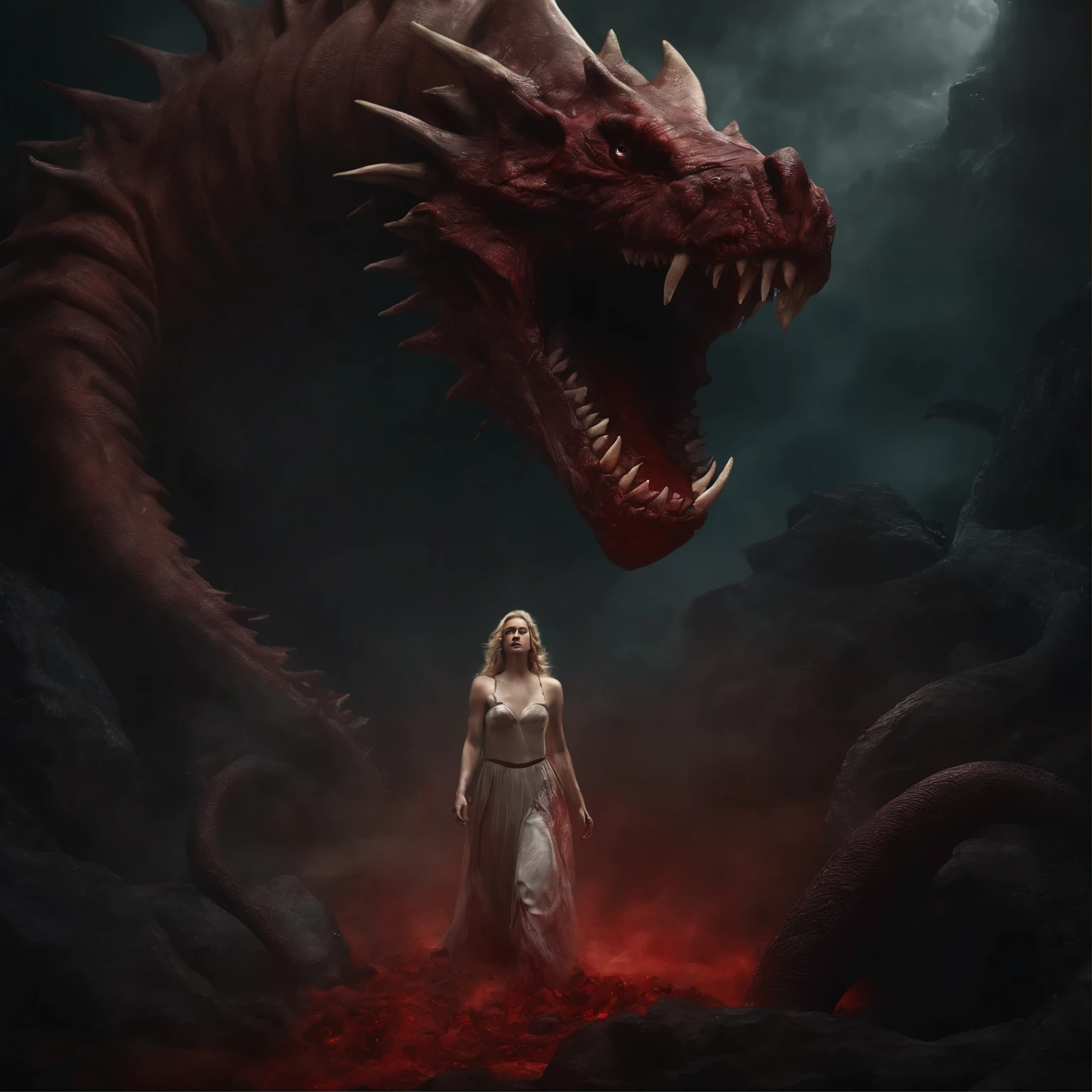 (Best Picture Quality,4K,8K,Hi-Res,Masterpiece:1.2),Ultra-Detailed,(Realistic,Photorealistic,Photorealistic:1. 37),Gore,Eerie,Horror,Stormy Sea,Moon View,Sacrificed Princess Andromeda,The most beautiful princess in the world with blond hair and blue eyes,Giant monster appears from the sea,Kraken's mouth Naked princess being dragged and torn apart, bloody bites, bloodied, dismembered bodies, shredded clothes, shattered crowns, deadly teeth, vicious mouths, hideous giant fangs, bloody saliva, torn flesh, dripping blood, bright red ocean water, brutal, dark atmosphere, nightmarish scenes, nightmarish nightmarish scene, nightmarish creature, horror movie scene, gruesome details, horror fantasy, horror art, horrific fantasy, nightmare fuel, horror movie poster, horror illustrator, monster lair, exquisite gore details, ominous lighting, demonic presence, vivid gore colors , anguish, torture, fate, (Amazingly powerful and realistic compositions by Greg Rutkowski:1.2)