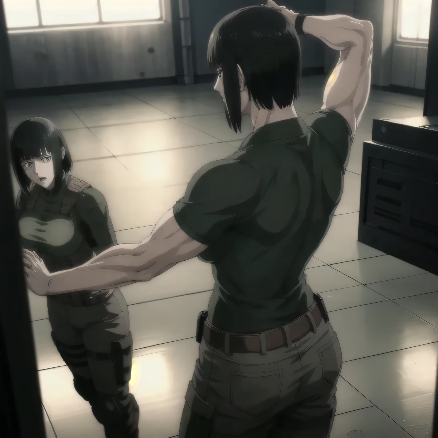 (best quality,ultra-detailed,realistic:1.37),musclaur military badass girl with sculpted body have a tattoos wearing t shirt with combat trousers , full review of the female character's face and body, intense expression, strong and confident posture, studio lighting, vivid colors, physiologically-based rendering, grungy texture, rugged background, dust particles in the air, commanding presence, professional, powerful, gritty aesthetics,,Valmet،short hair,back muscles،Angle from behind