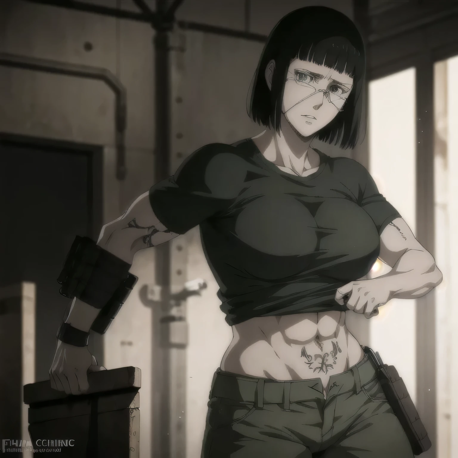 (best quality,ultra-detailed,realistic:1.37),musclaur military badass girl with sculpted body have a tattoos wearing t shirt with combat trousers , full review of the female character's face and body, intense expression, strong and confident posture, studio lighting, vivid colors, physiologically-based rendering, grungy texture, rugged background, dust particles in the air, commanding presence, professional, powerful, gritty aesthetics,,Valmet،short hair,back muscles،Angle from behind