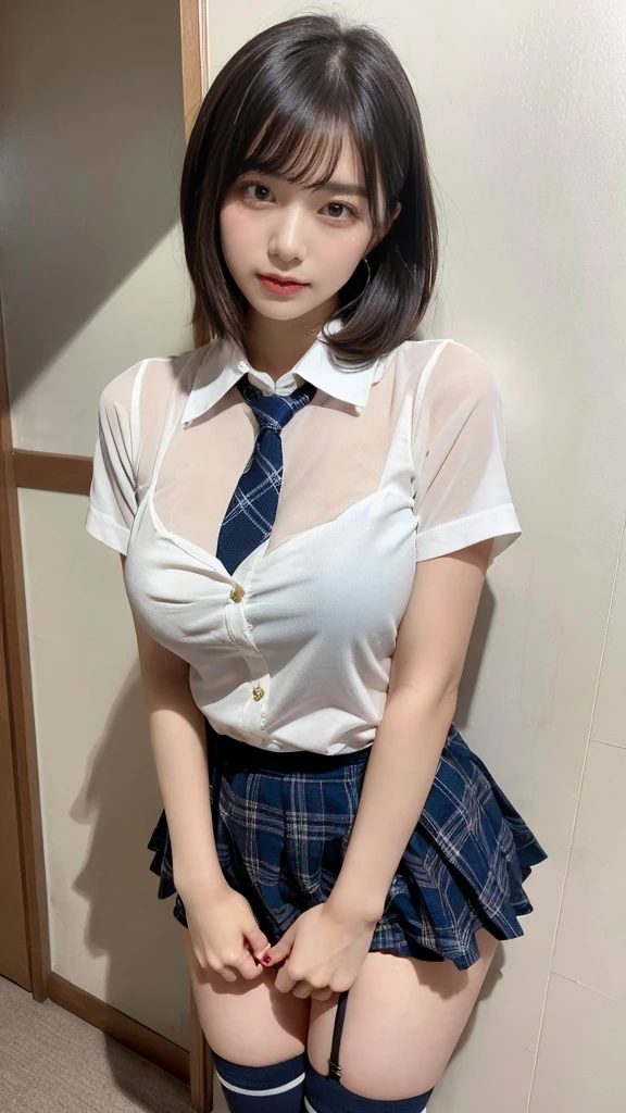 muste piece, best quality, illustration, Super detailed, fine details, High resolution, 8K,wall paper, perfect dynamic composition,(Details High quality, realistic depiction of eyes:1.3), Short mini skirt with gray plaid pattern、White short-sleeved uniform and high socks、(Dark blue tie), short bob hair、black hair color, Big Natural Color Lip, bold sexy pose, (perfect body shape), crying a little、cold gaze, Harajuku style、20 year old girl、cute type、****ta、beautiful legs, hotel room, hposing Gravure Idol, Voluptuous thighs