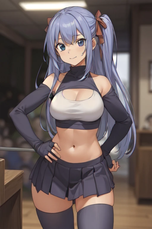 masterpiece, best quality,insanely detailed,ultra detailed,detailed beautiful face
and eyes,thighhighs, fingerless_gloves, blurry_foreground, gloves, 1 girl, 18 years old,smile,long_hair, skirt, blurry_background, navel, zettai_ryouiki, solo, blue_eyes, midriff, breasts, pleated_skirt, black_legwear, blue_hair, long_hair, (two_side_up:1.7),hair_ribbon, red_bow, ribbon, medium_breasts, miniskirt, bare_shoulders, sports_bra,cowboy shot, hand on hip,open stance,turtleneck,front viewer,looking at viewer,pov