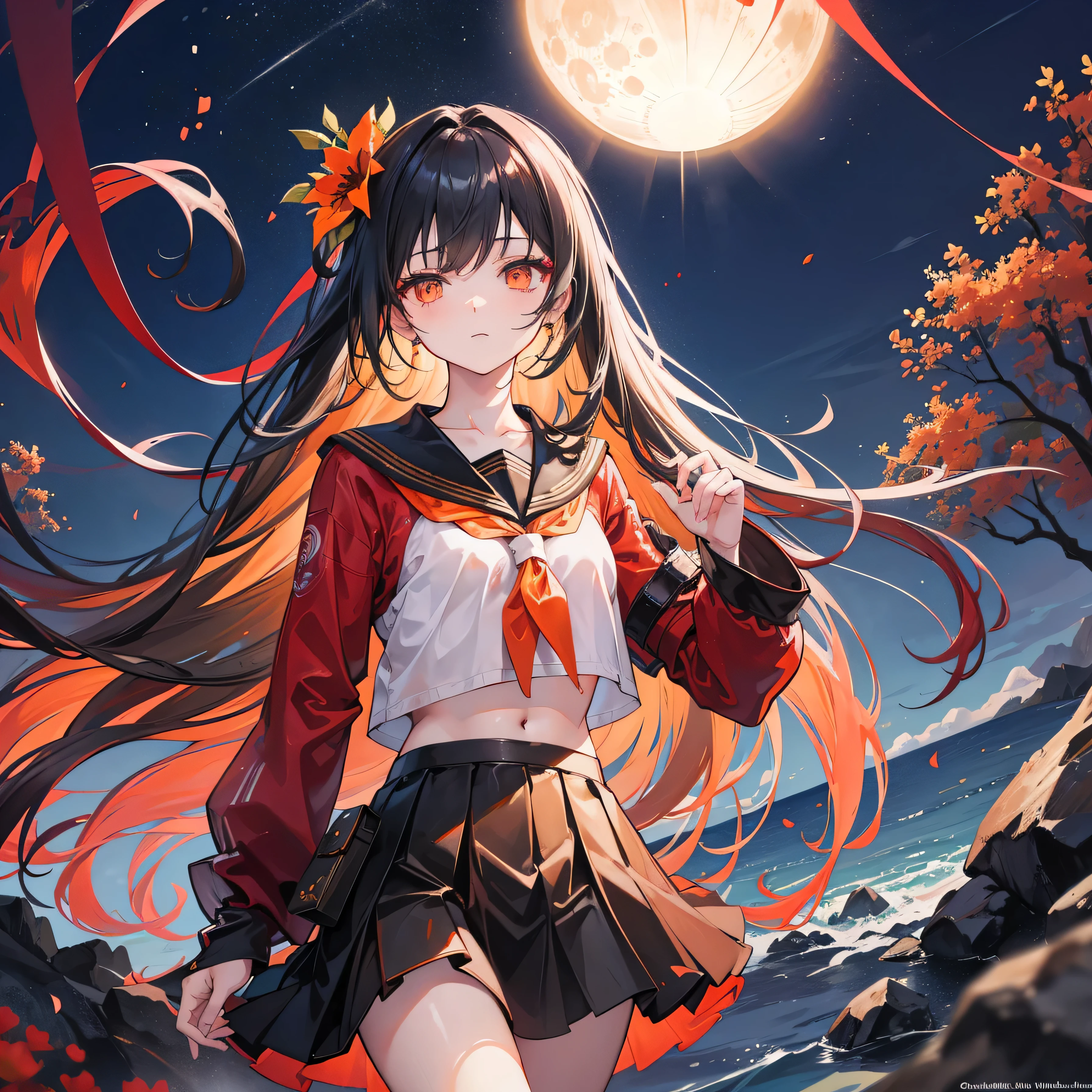 whole body, best detailed girl, hdr, look up to, shiny, , Beautiful detailed girl, 20 years old, messy long hair, water inner hair,caustic, golden pupil, small breast with flower, dark orange eyes, serafuku, Black gauze skirt, red Clothes, detailed fireworks, moon light, Ink dyeing, very fine 8KCG wallpapers,