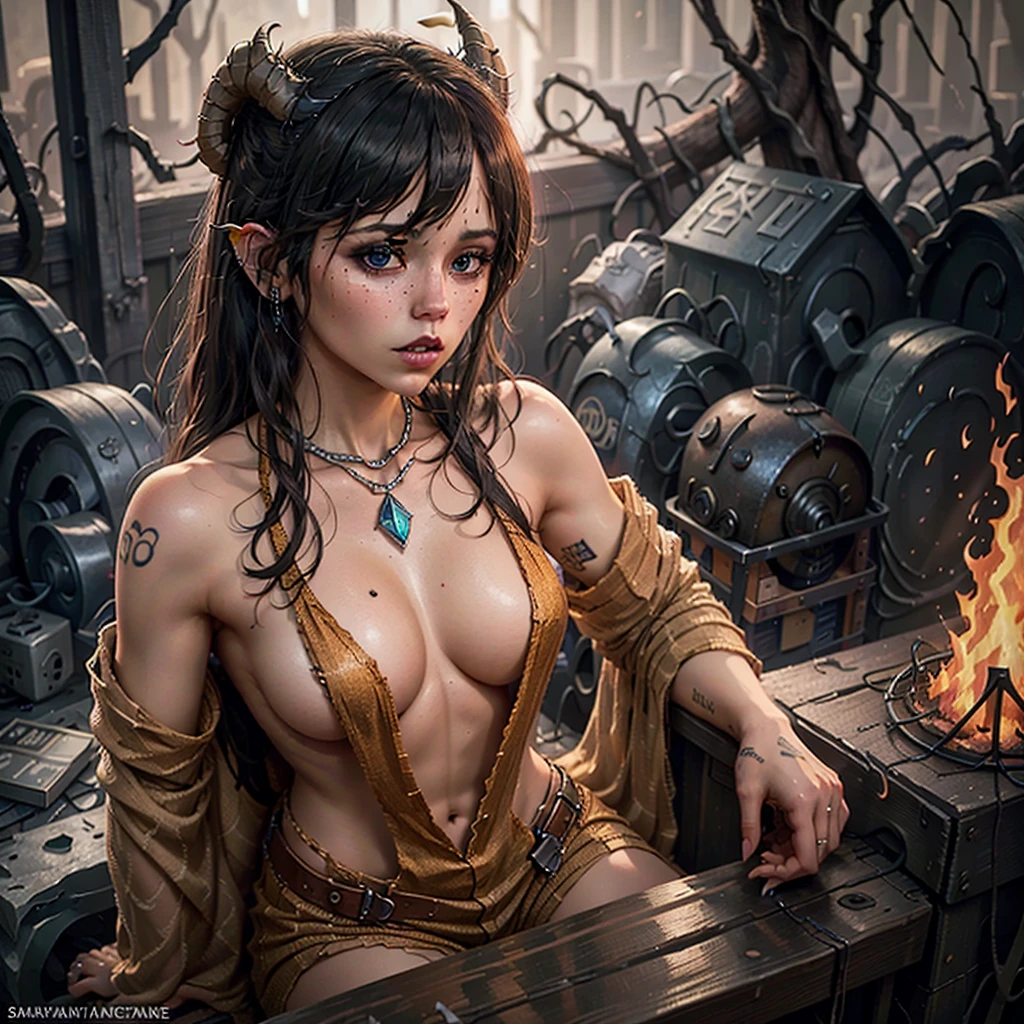 Warcraft Character, Beautiful demoness Jessa Rhodes with bare breasts, sideboob,RAM HORNS, pigtails, Gorgeous Wings, lance in hand, Patterns, Hellscape, body piercings ,volcano, Magic, beautiful, crystals, ash, fire, lava, Magic, Chic, beautiful blue eyes, Sexy , skulls, circuits, a lot of details, hell, radiance, extreme hight detail, saturated colors, Professional lighting, photo realism, Fairytale atmosphere , debris, campfire, jour, nsfw, (High sexuality:0.8),sideboob,