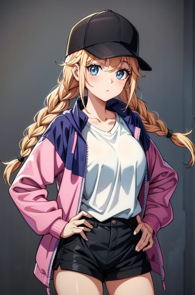 a woman with pink hair standing with her hands on her hips in a sports jacket, 1girl, solo, hat, blonde hair, twin braids, blue eyes, braid, shirt, breasts, long hair, black headwear, baseball cap, looking at viewer, jacket, multicolored jacket, simple background, multicolored clothes, shorts, collarbone, white shirt, black shorts