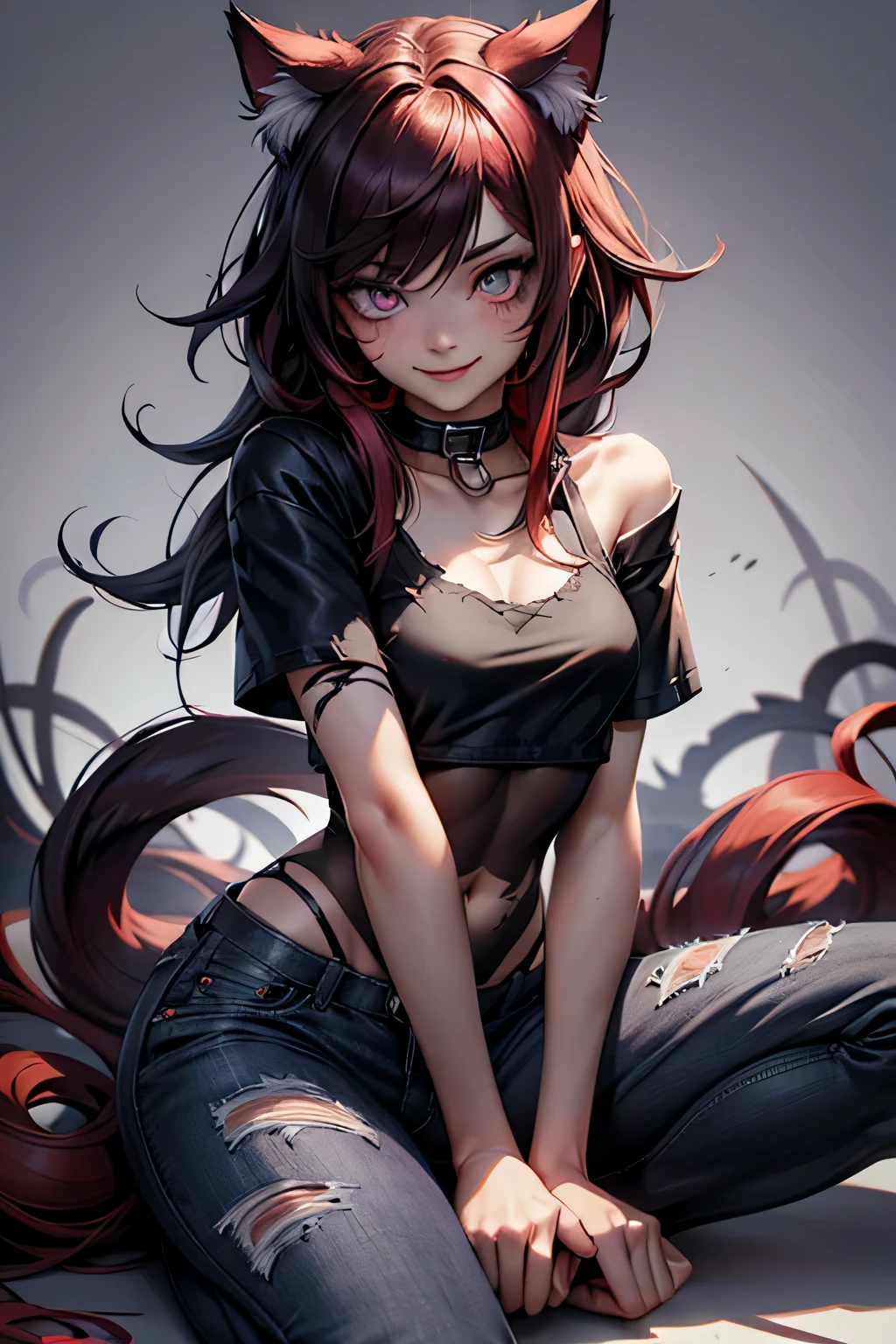 1girl, very pale, solo, smile, multiple_color eyes, rainbow eyes, two_colored_eyes, purple eyes, heterochromia_iridum, heterochromia, multi_colour_eyes, bi-colored_eyes rainbow eyes, sitting, cat_eyes, cat_tail, brown hair, huge SIDEBURNS, cat ears, midriff, pants, torn clothes, fangs, denim, claws, torn pants, sharp toenails, smile, very messy_hair, morning_hair, small eyes, red color inner hair, body hair, poor, eye bags, dark circles eyes, hard dark circles eyes, very dark circles eyes ((very dark circles eyes)),
hair with red highlights, hair with red tips, Scars,cat_fur,body_fur,body_hair