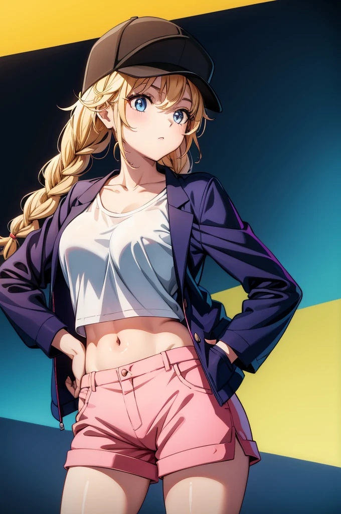 an asian woman in baseball hat on unbuttoned shorts, blazer, and pink skirt, 1girl, solo, hat, shorts, blue eyes, black shorts, blonde hair, navel, twin braids, breasts, braid, long hair, short shorts, shirt, looking at viewer, midriff, jacket, black headwear, baseball cap, collarbone, simple background, white shirt, hands on hips, large breasts, crop top, open jacket, open clothes