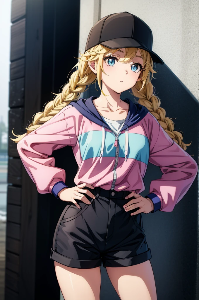 an anime cartoon woman dressed in a baseball cap and shorts standing in the snow, 1girl, solo, twin braids, hat, blue eyes, braid, blonde hair, shorts, black shorts, long hair, baseball cap, jacket, high-waist shorts, hands on hips, collarbone, multicolored jacket