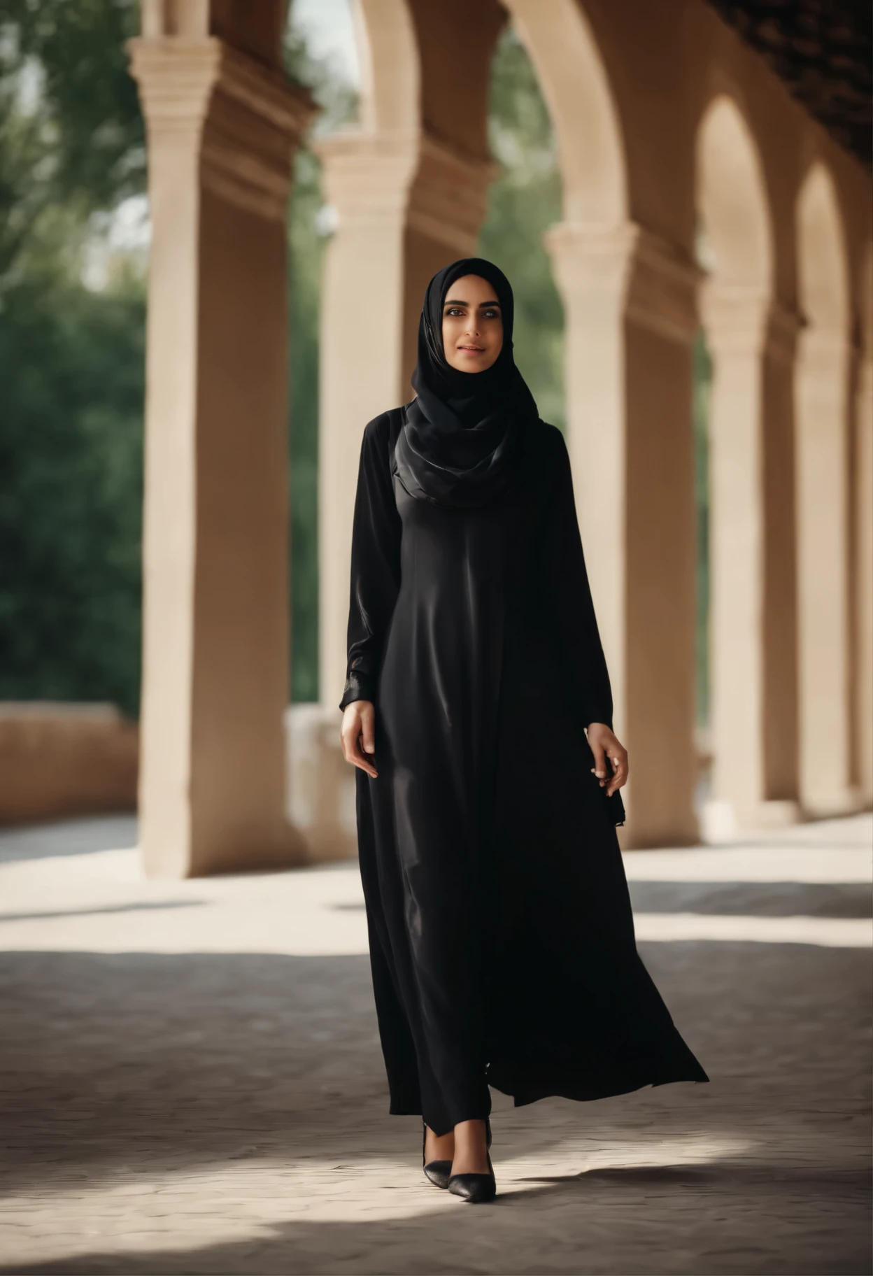 A beautiful girl wearing black hijab in sunny day, full body, with abaya
