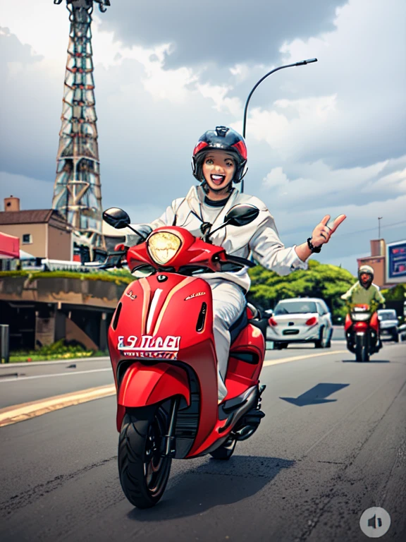 there is a man riding a scooter arctic blue on the street with his arms out, riding on the moped scooter, riding a motorbike down a street, riding a motorbike, riding a motorcycle, moped, riding on the road, without helmet, touring, wearing helmet, wearing a helmet, waving and smiling, sitting on a motorcycle, with a happy expression