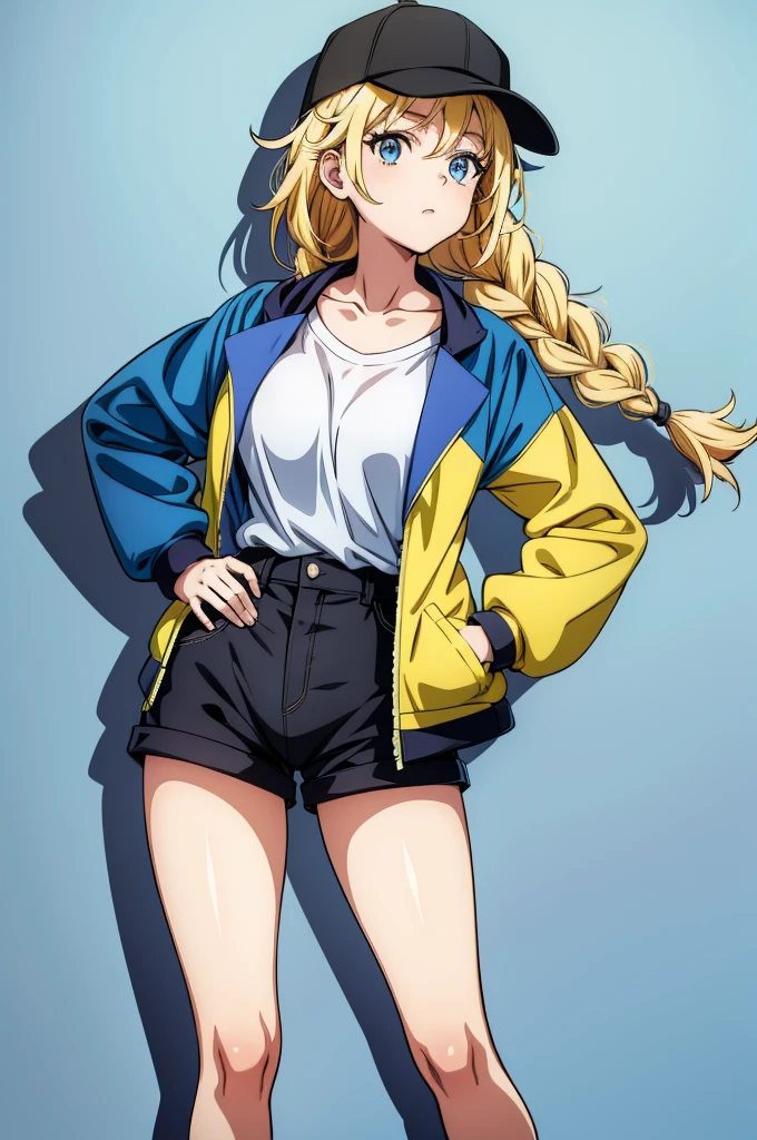 an anime style illustration of a woman with bright blue hair and large white socks, 1girl, solo, hat, twin braids, blonde hair, shorts, blue eyes, braid, hands on hips, jacket, shirt, black shorts, long hair, looking at viewer, breasts, baseball cap, simple background, collarbone