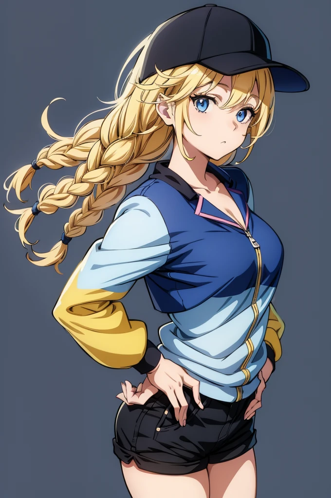 an anime style illustration of a woman with bright blue hair and large white socks, 1girl, solo, hat, twin braids, blonde hair, shorts, blue eyes, braid, hands on hips, jacket, shirt, black shorts, long hair, looking at viewer, breasts, baseball cap, simple background, collarbone
