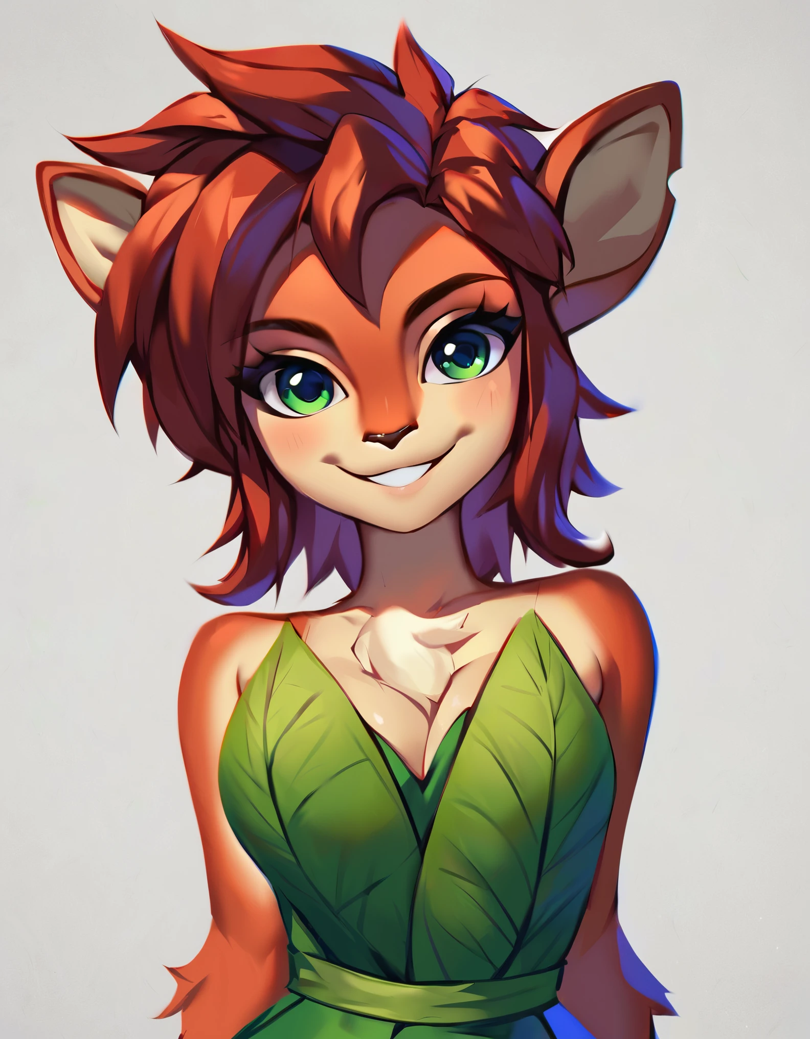 score_9, score_8_up, score_7_up, score_6_up, BREAK, source_anime, 1girl, elora, faun \(spyro\), red hair, mammal, anthro, deer, green eyes, leaf dress, hands behind back, smile, upper body, looking at viewer, solo, simple background, white background