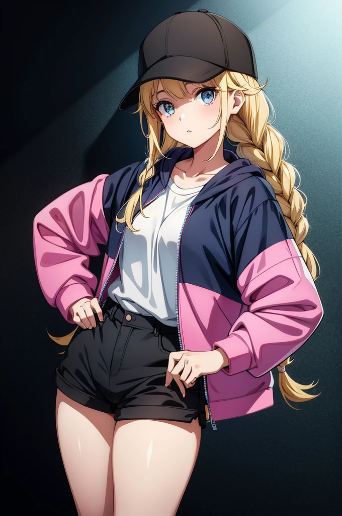 an adorable girl in black hat and jacket standing up straight holding her baseball cap on the back of her head, 1girl, solo, hat, twin braids, shorts, braid, black shorts, blue eyes, blonde hair, long hair, shirt, jacket, white shirt, hands on hips, looking at viewer, shirt tucked in, black headwear, breasts, baseball cap, collarbone, open clothes, open jacket, pink jacket, multicolored jacket