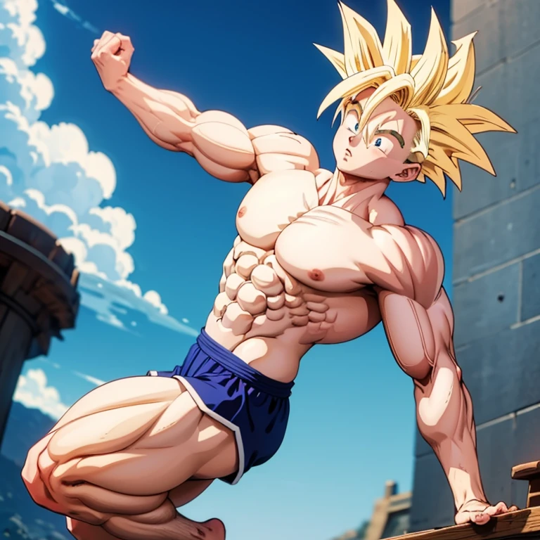 (Eine detaillierte Zeichnung von Gohan, Bodybuilding-Fitnessstudio.), With a naked torso, huge muscular body, big Bizeps, big shoulders, Muskelbeine,Abs, Barefoot, Kampfkunst, hoher Tritt, Full body image, Rear view, seitliche Brust, Gewichtheben , Knien, barefoot souls, massive Muskelflexion 