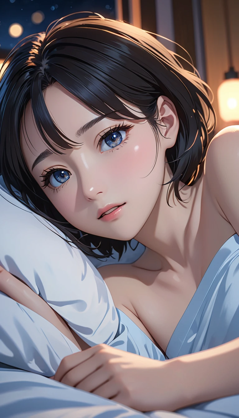 National Science Foundation,masterpiece, High resolution, digit, kyoto animation style, Your name is cinematic style, night, midnight, Light, (1 female: 1.3), (alone: 1.4), long eyelashes, short bob, , lying down,  Light的上半身,Lying in bed、dynamic poses，close up，Close up，bare shoulders