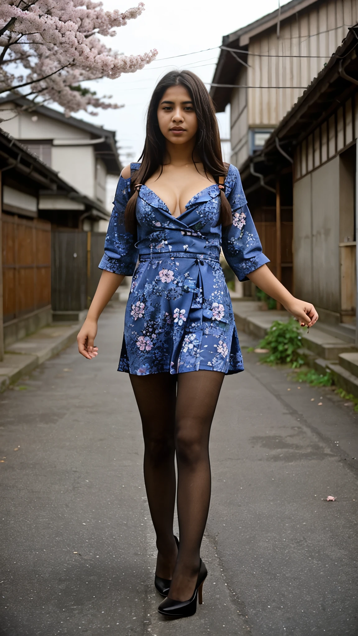 Beautiful  Indian teenager, long hair, dress, falling straps, small cleavage, pantyhose, high heels, Japanese rural street, cherry blossoms, fog, sexy pose, Silent Hill world, scary creature attack