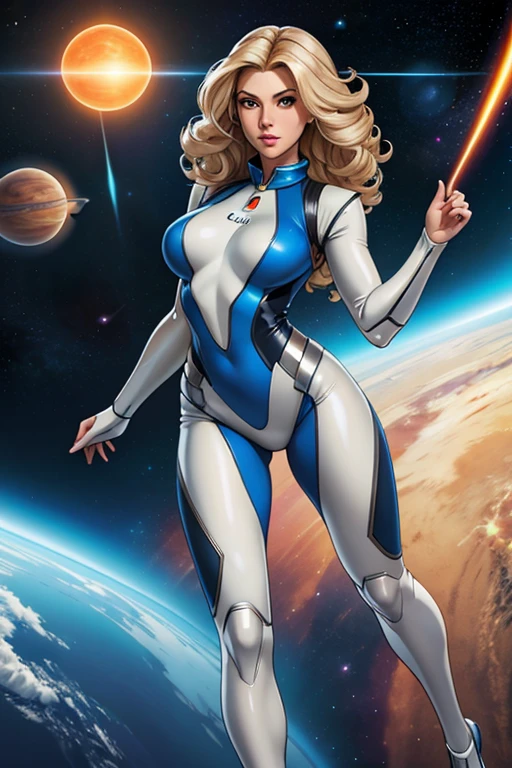 best quality, masterpiece, woman space super hero, full body,hi-tech vest over silver latex suit, long curly blonde hair,floating in deep space, with several planets and suns in the background
