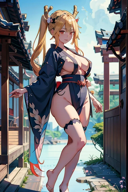 TohruDM, WTail, 1girl, full body, Woman body set big breasts, Stretch meat, kimono, obi, black kimono, red obi, wide obi, cleveage, busty, big, no panties, no bra, beautiful alluring anime woman, seductive anime girl, artwork in the style of guweiz, japanese dress, trending on cgstation, guweiz on pixiv artstation, with ancient japanese clothes, blond hair, smiling, dragon tail, girl has dragon tail, happy girl, 2 hands only, sakura blossoms, cherry flowers, cherry blossoms, cherry tree, cherry tree in background, covered breasts, blue sky, bright blue sky