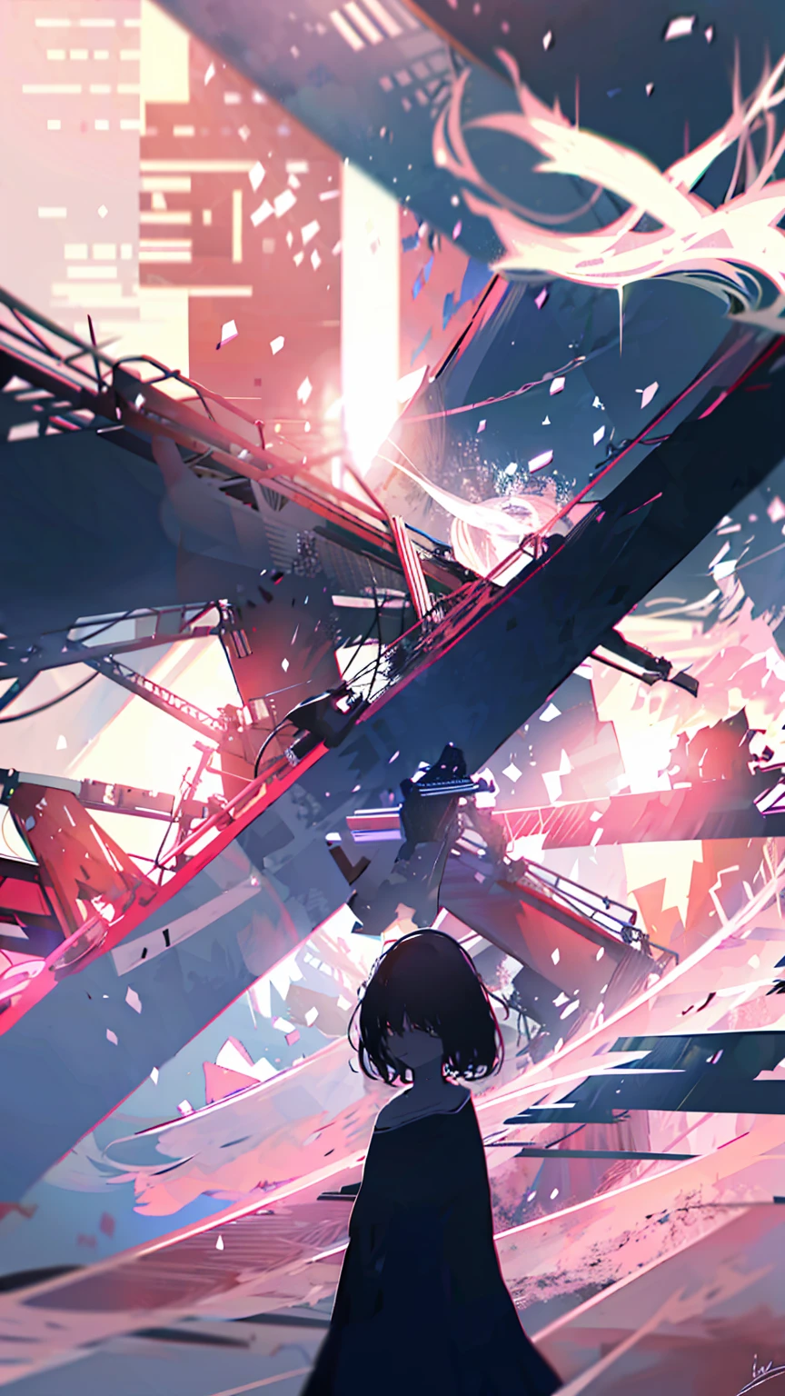 sparrow, black hair girl, wearing a sweater, black skirt, medium hair, headphone, Because I&#39;m slender, teen, serious face, Japanese high school girl. She stands at the shrine,cherry blossoms