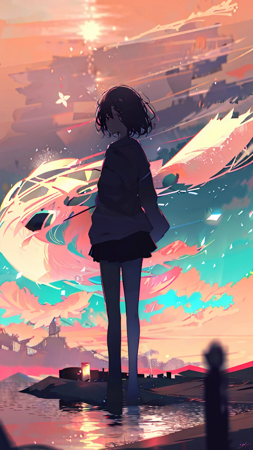 sparrow, black hair girl, wearing a sweater, black skirt, medium hair, headphone, Because I&#39;m slender, teen, serious face, Japanese high school girl. She stands at the shrine,cherry blossoms