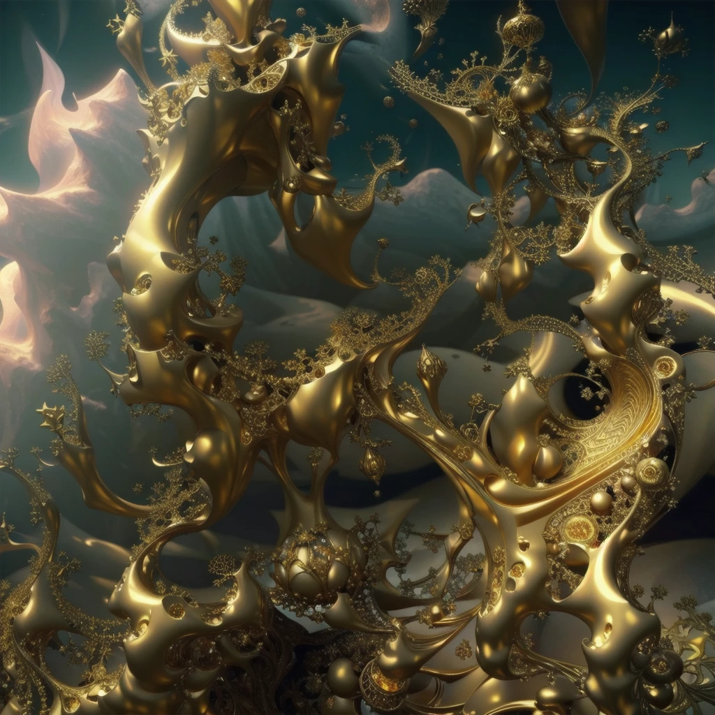 there is a golden sculpture of different shapes and sizes., Golden organic structures, golden fractal details, 1 6 6 7. mandel light bulb 3 d, mandelbulb 3d fractal, 3D light bulb fractal, ornate gilded cosmic machine, fractal baroque, surreal scene, mandelbulb fractal, Golden edges and fractals, 3D light bulb, Golden clouds