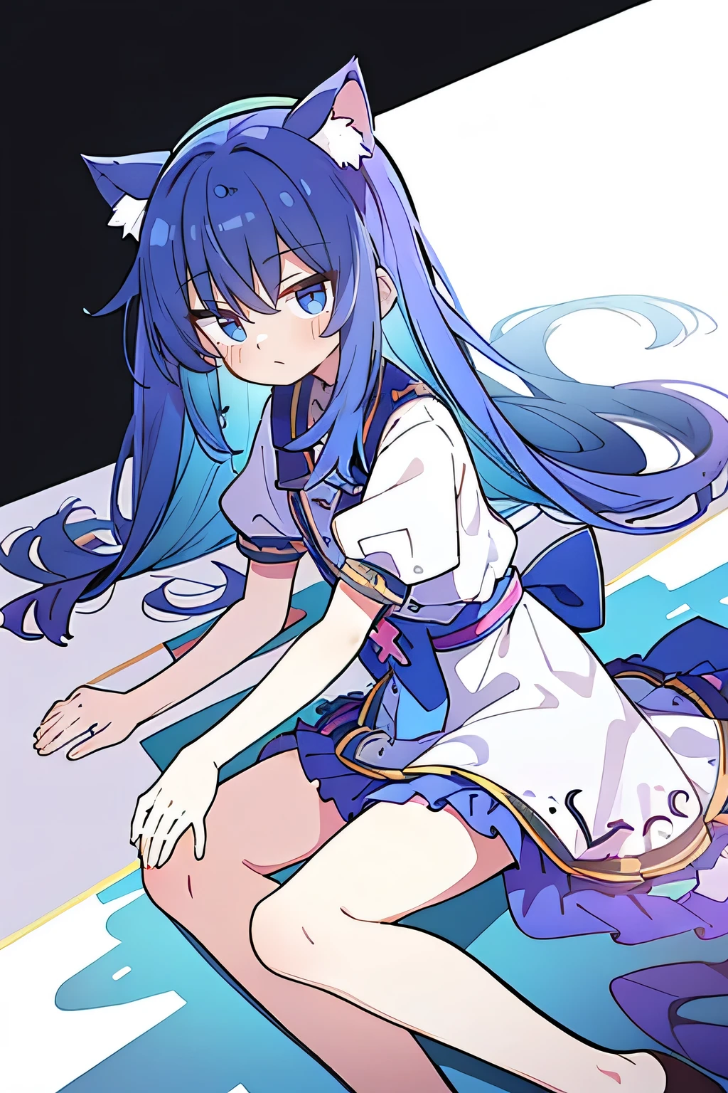 (Masterpiece), best quality, expressive eyes, perfect face, 1girl,
 Put your hands on your waist, fair, gorgeous, Japanese comics, girl, Lola, young angel, blue hair, blue hair, flowing clothes, hug the waist, hug the waist, hands on hips, hands on hips, lay down , lying on the ground, legs on the ground, flat chest, cat ears