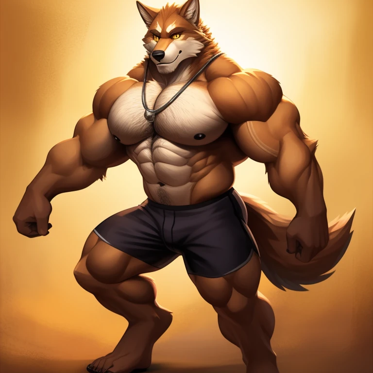 Orange fur,Golden eyes,,Wolf furry, Handsome face,Handsome eyes ,Hairy pectorals, Strong arms,Gorgeous facial features,Beautiful and delicate eyes,Complex fur,Detailed face,Perfect skin texture, Wide shoulders, large pecs, big bicep, Abs, upper legs,Delicate golden eyes,(simplebackground,white backgrounid:1.3),full bodyesbian,(tmasterpiece:1.2),(best qualtiy:1.3),standing on your feet,Black fitness shorts,Bare upper body,,strong muscle,Painting material,Dynamic depiction of the human body