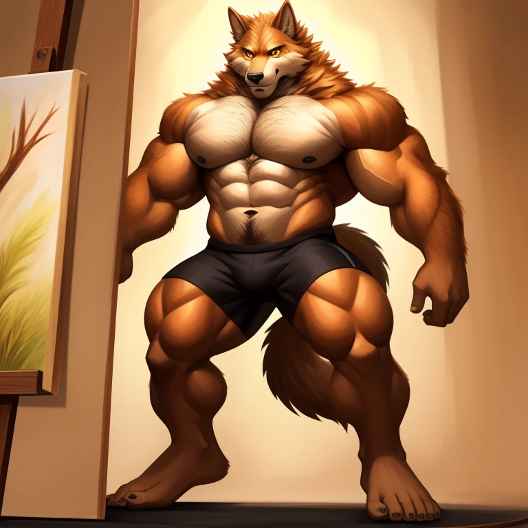 Orange fur,Golden eyes,,Wolf furry, Handsome face,Handsome eyes ,Hairy pectorals, Strong arms,Gorgeous facial features,Beautiful and delicate eyes,Complex fur,Detailed face,Perfect skin texture, Wide shoulders, large pecs, big bicep, Abs, upper legs,Delicate golden eyes,(simplebackground,white backgrounid:1.3),full bodyesbian,(tmasterpiece:1.2),(best qualtiy:1.3),standing on your feet,Black fitness shorts,Bare upper body,,strong muscle,Painting material,Dynamic depiction of the human body