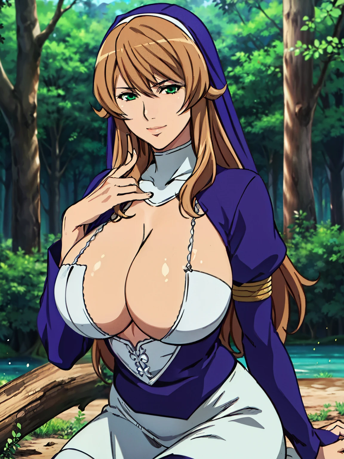 (sitting at big fallen tree), purple outfit, puffy sleeves, cleavage cutout, cleavage, (forest background), Sigui, mature woman, anime cels style, best quality, high resolution, 1girl, (huge breasts:1.2), beautiful face, Beautiful Finger, Beautiful long legs, Beautiful body, Beautiful Nose,Beautiful character design, long hair, brown hair, Bangs, green eyes, without purple cape on her head, (cowboy shot), smiling, looking at viewer