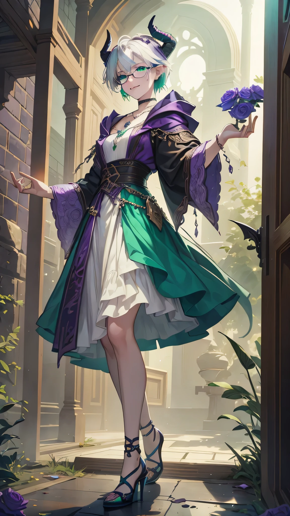 8k, masterpiece, best quality, highly detailed, 1girl, tiefling, multicolored hair, very short straight hair green highlight hair on white hair, strippled hair, wearing glasses, earrings, necklace, mole, glowing green eyes, glamorous, aristocrat, high heels, palace, roses, purple and teal dress, villainy, smirk, seductive pose, full body view, rings, looking at viewer, demon horns, standing, vintage, rich, garment.