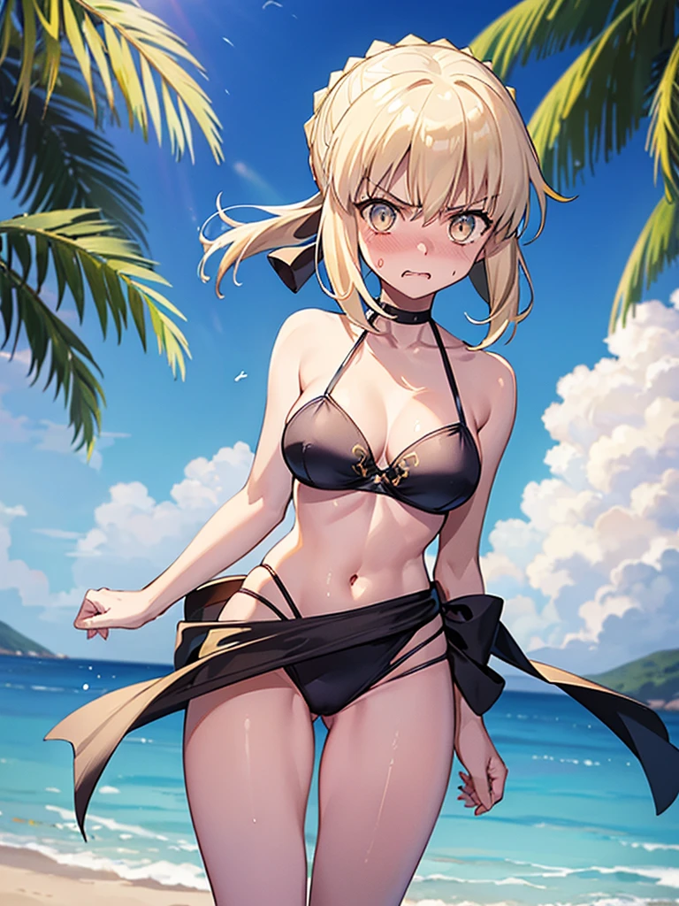 Best Quality, masterpiece,Cowboy shot:1.2,Upper body:1.2,{{{Artoria Pendragon alter:1.6}}}, huge titature body type, glossy skin, saber Altria, blonde, ((gold beautiful eyes:1.2)), signon hair, shortcuts, adult woman, glossy skin, She's on a very beautiful beach:1.2, (top quality, top quality, beautiful CG,) huge, realistic, ((She was very angry and embarrassed:1.6)), ((She only wears a very cute black and gold color bikini:1.2)), navel costume, black tie,sexy body, erotic body,((It's clearly depicted to the top of her head.:1.9)),She's watching the viewers:1.2,She has her hands on her waist:1.2