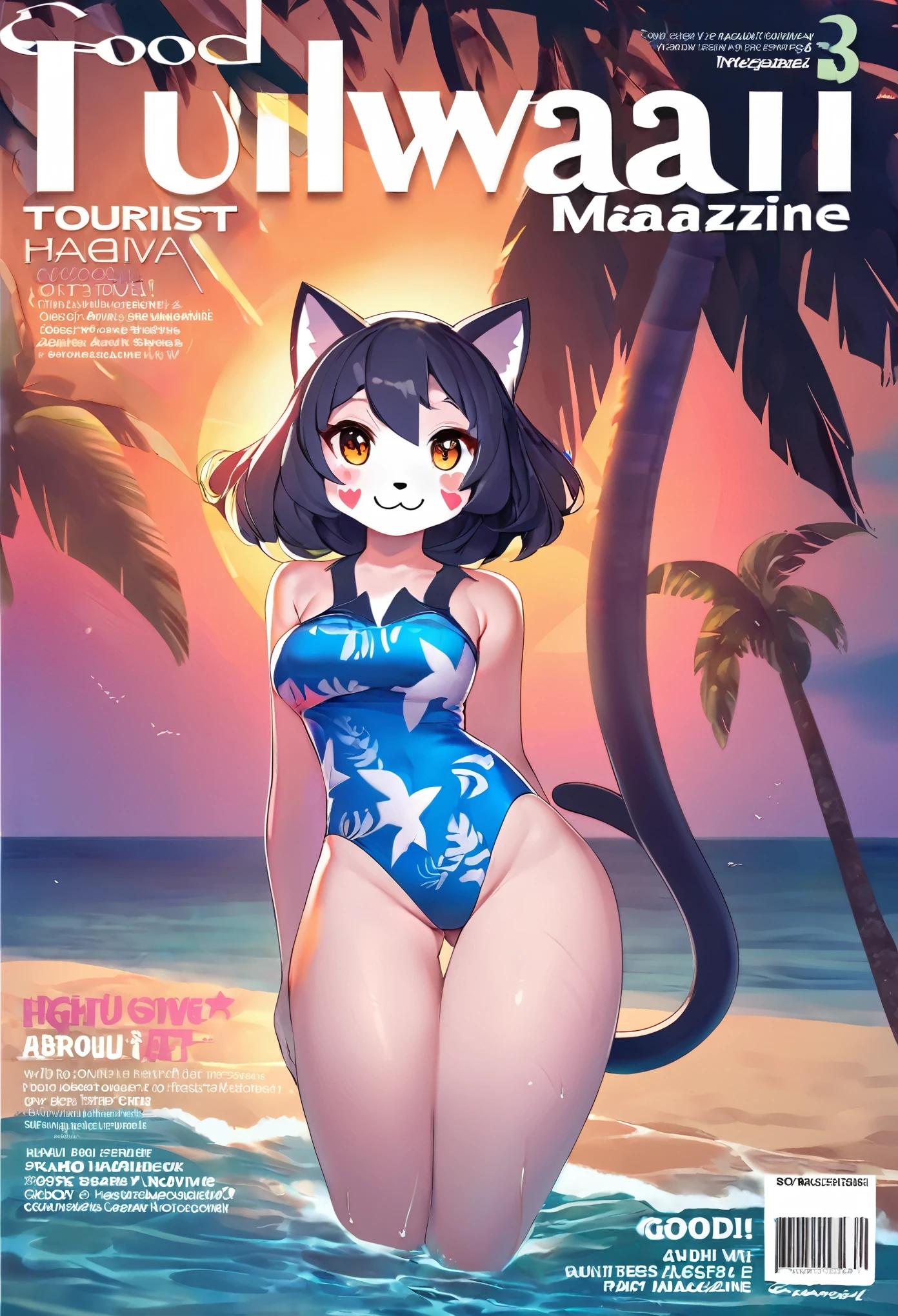 cover page, Hawaii's tourist magazine, highres, top quality, best quality, paid reward available, unparalleled masterpiece, perfect artwork, absurdres, High-quality illustrations(1girl, solo, cat girl, animal face)seashore, Palm tree, Swim suit, pareu, during at night, good lighting,