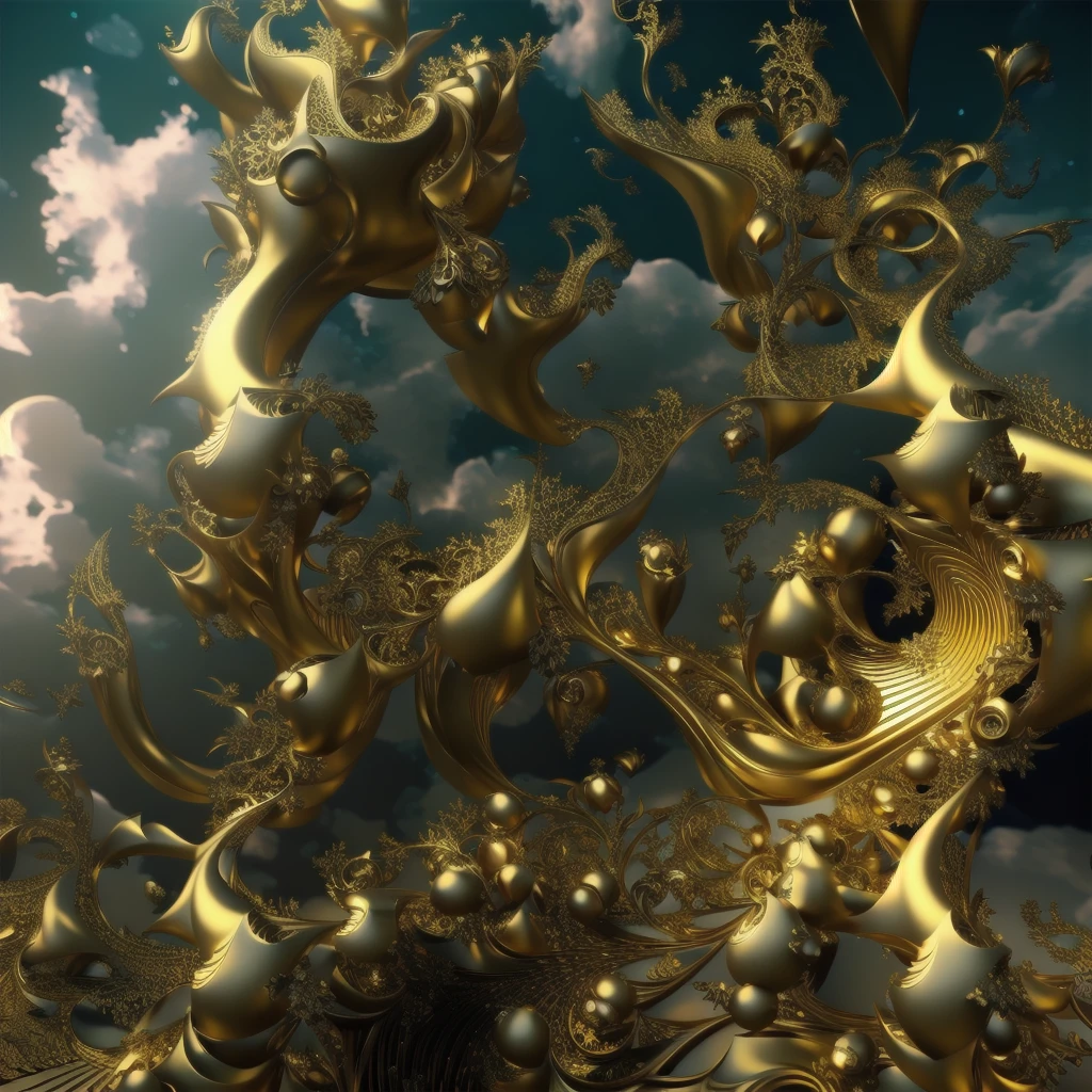 there is a golden sculpture of different shapes and sizes., Golden organic structures, golden fractal details, 1 6 6 7. mandel light bulb 3 d, mandelbulb 3d fractal, 3D light bulb fractal, ornate gilded cosmic machine, fractal baroque, surreal scene, mandelbulb fractal, Golden edges and fractals, 3D light bulb, Golden clouds